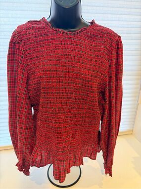 Old Navy Red Plaid Smocked Long-Sleeve Top Women’s Large Size L